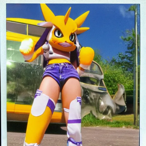 Image similar to 90s vignette photo of female Renamon from Digimon, wearing short denim shorts, standing next to a popular 90s car Polaroid picture, weathered artifacts