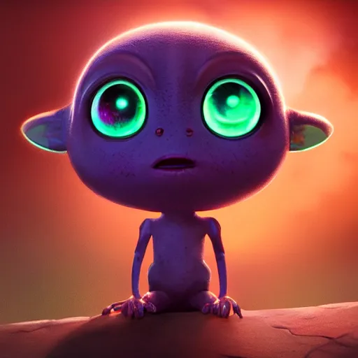 Prompt: adorable glowing alien, trending on artstation, cute, big eyes, matte painting, concept art, pixar, disney, highly detailed, cinematic composition, unreal engine, 3 d rendered in octane