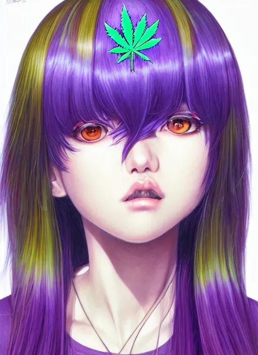 Image similar to richly detailed colored pencil 3 d illustration woman silky straight purple hair with iridescence wearing marijuana logo tshirt and short shorts, she staring at the camera happily art by range murata and artgerm.