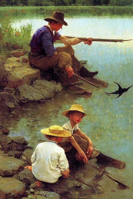 Image similar to huckleberry finn and tom sawyer sit by the river and fish, norman rockwell, victor Nizovtsev, bouguereau