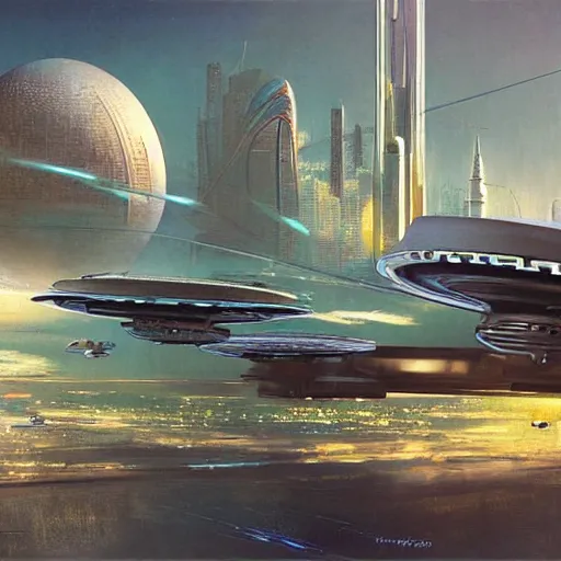 Image similar to gorgeous sci fi imagery | landing spot | space and city flying craft | futuristic | beautiful couple in the foreground heading to their hovering transport | futurism | modern couple | futuristic cityscape in the background | low angle | golden ratio | by john berkey, greg rutkowski, james gurney