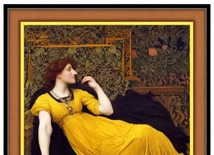 Prompt: portrait of raven reclining on bed wearing yellow ochre ornate medieval dress, foreshortening, framed, preraphaelite colour photography by frederic leighton, william morris, 8 k