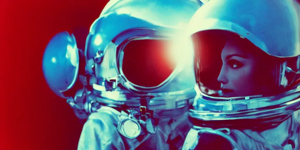 Image similar to vintage polaroid portrait of a beautiful woman wearing a space helmet, detailed clouds, 8k, unreal engine, warm azure tones, red color bleed, film grain