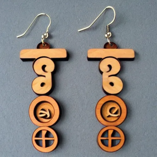 Image similar to 2 d wood lasercut earrings, mystical symbols, 8 k, hd, trending on artstation, trending on deviantart, trending on etsy, epic digital art