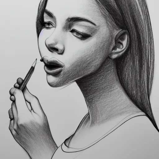 Prompt: drawing of a beautiful young woman that is about to bite into a banana, pencil sketch, profile, side view, close camera