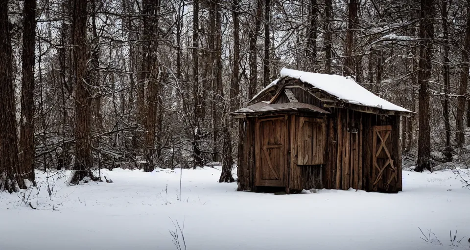 Prompt: a wooden hut at a clearing in the woods, snowy, light inside the hut, realistic, epic composition, 4 k