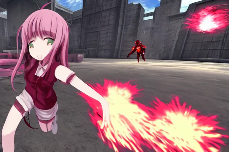 Image similar to an anime girl in a screenshot of the video game doom, the anime girl is running