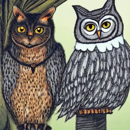 Prompt: a cat and an owl