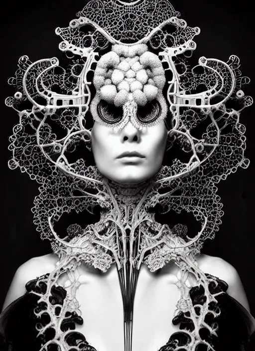 Image similar to surreal black and white photo portrait of complex bio-mechanical beautiful young female vegetal-cyborg with a Mandelbrot fractal steampunk metal fine lace face, a very long neck and a fine metal floral foliage super big lace collar by Alexander McQueen:: high fashion, haute couture, rococo, steampunk, silver filigree details, anatomical, facial muscles, cable wires, microchip, elegant, dreamy, foggy, hyper realistic, 150 mm lens, soft rim light, octane render, unreal engine, picture was taken in 1910 by Dora Maar, volumetric lighting, dramatic light,8k,