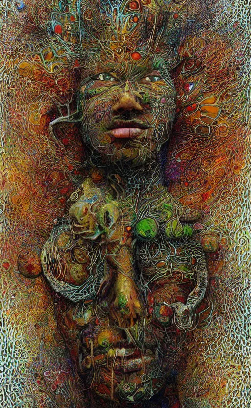 Image similar to beautiful psychedelic shaman covered in fungus peyote in the style of peter gric