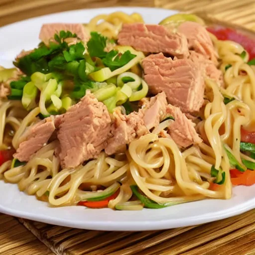 Prompt: a really tasty dish, full of noodles and tuna