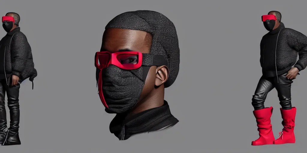 Image similar to kanye west using a full face covering black mask, a small, tight, undersized reflective bright red round puffer jacket made of nylon, dark jeans pants and big black balenciaga rubber boots in 3 d, blender, octane render, 3 d render, realistic, unreal engine, trending on sketchfab, studio light, 4 k, 8 k