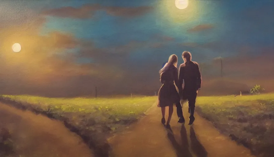 Prompt: oil painting, happy lovers leaving together, she is carressing him, walking towards the full moon, cinematic lighting, wow, establishing shot