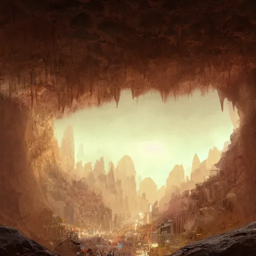 Prompt: a city built within a vast cave, illustration, digital art, fantasy, 8 k, trending on artstation, detailed