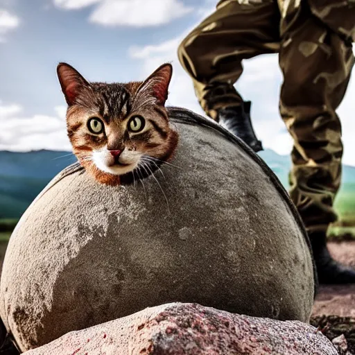 Image similar to cat with soviet army clothes mid war using a boulder as cover, war field, destruction, cinematic, epic, dramatic