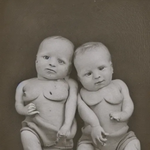Prompt: photograph of conjoined twins from the 1930s, sepia,