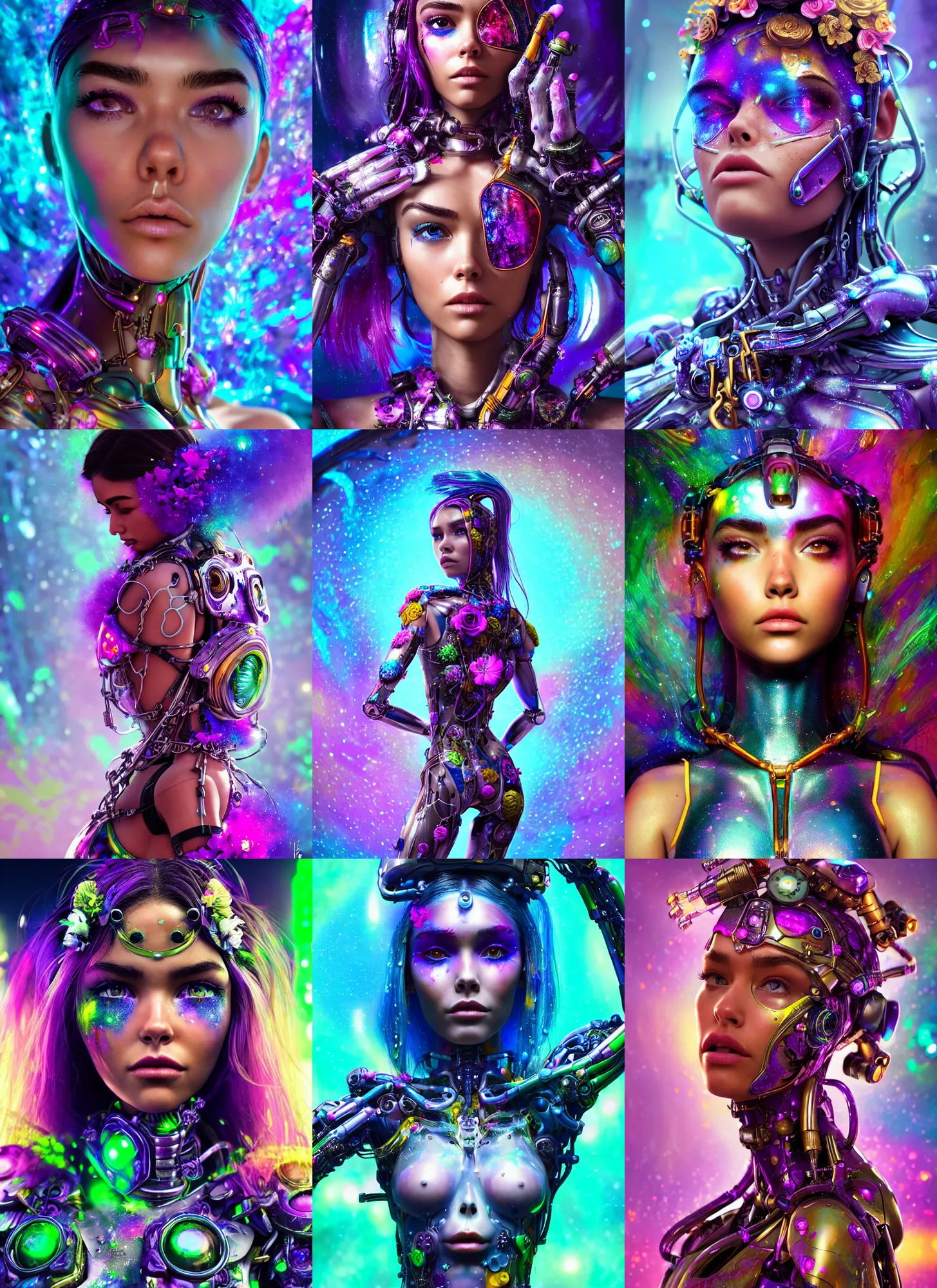 Prompt: polished wet galactic chained floral rave cyborg woman : : madison beer : : weta disney pixar movie still photo : : hi - fructose, sci fi, fantasy, decadent highly - detailed digital painting, golden ratio, octane render, artstation, smooth, sharp focus, artgerm, mucha, loish, wlop : :