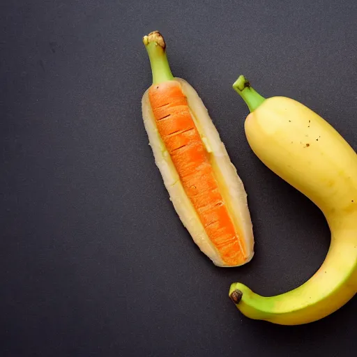 Prompt: a peeled banana with a carrot on the inside, 8k, food photography