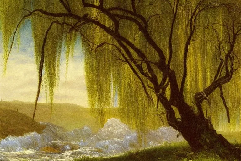 Prompt: oil painting of a detailed willow tree next to a raging river on a sunny day by albert bierstadt