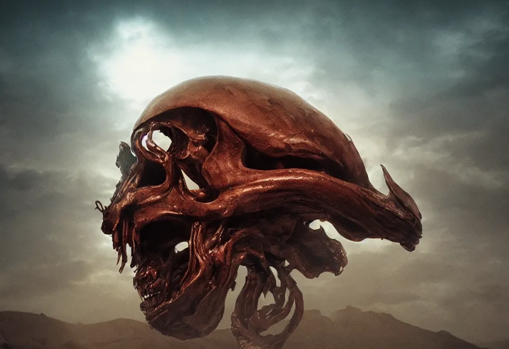 Image similar to eldritch animal alien skull in a dessert in mars, photorealistic, film, cinematic lighting, octane tender, volumetric light, dark - art