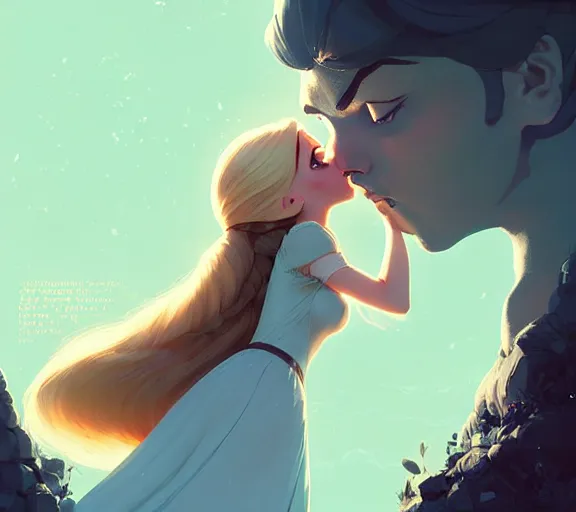 Prompt: portrait aurora kissing rapunzel by atey ghailan, by greg rutkowski, by greg tocchini, by james gilleard, by joe fenton, by kaethe butcher, dynamic lighting, gradient light blue, brown, blonde cream and white color scheme, grunge aesthetic