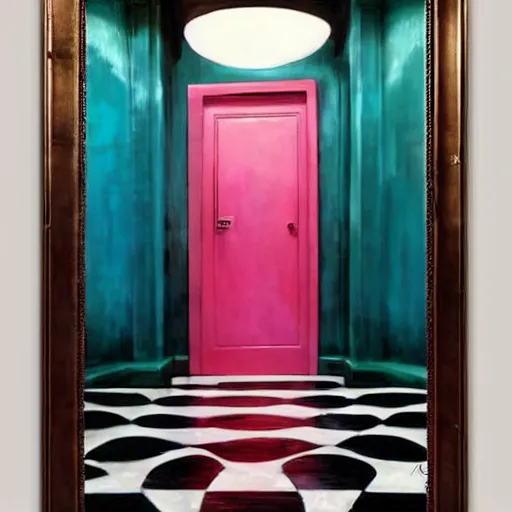 Prompt: diego dayer, hyperrealistic surrealism, award winning masterpiece with incredible details, a surreal vaporwave painting of pink door leading to a teal room, mirrors everywhere, highly detailed, hallway with black and white checkered floor, intricate, elegant