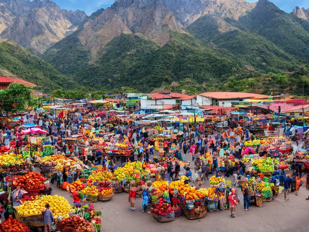 Image similar to south american city market in a valley with mountains