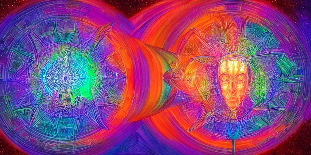 Image similar to transcendence into collaborative intelligence, endless collaboration with ai, connectedness, body, by alex grey, award winning, beautiful, colorful, volumetric lighting, trending on artstation, cinematic