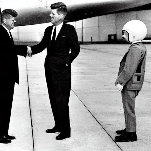 Image similar to president kennedy shaking hands with an alien from outer space