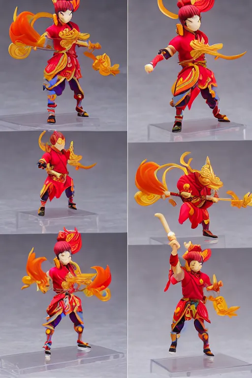 Image similar to arty chinese mythology ne zha nendoroid full body hyperdetalied, hero action pose, osamu tezuka, macoto takahashi, chibi, q posket, 8 k realistic, 3 d, cryengine, exquisite, red cloth around his shoulders, hold spear, ne zha ( 2 0 1 9 ), fenghua zhong,