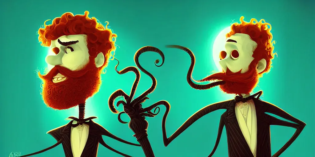 Prompt: curled perspective digital art of crazy curly hair doctor with ginger beard by anton fadeev from nightmare before christmas