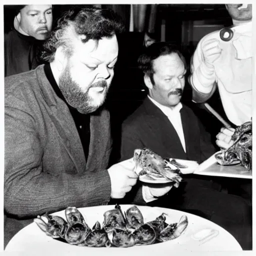 Image similar to Orson Welles eating crabs from of a barrel