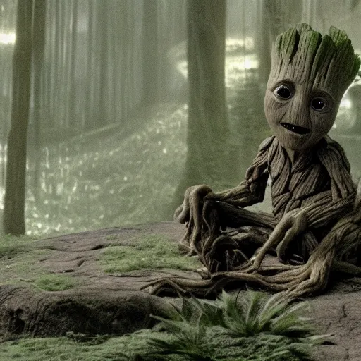 Prompt: Film still of Groot sitting with Yoda on Dagobah, from Star Wars The Empire Strikes Back (1980)