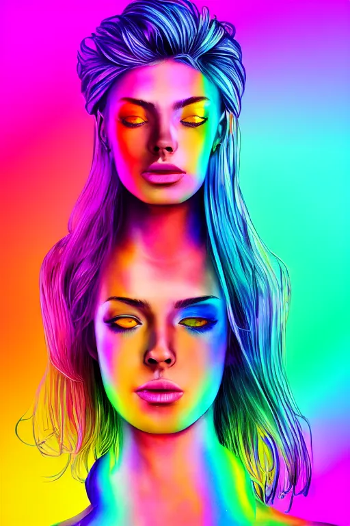 Image similar to a award winning half body portrait of a beautiful woman with stunning eyes in a croptop and cargo pants with rainbow colored ombre hairstyle head in motion and hair flying by thomas danthony, surrounded by whirling illuminated neon lines, outrun, vaporware, shaded flat illustration, digital art, trending on artstation, highly detailed, fine detail, intricate