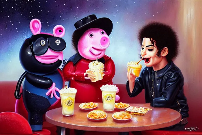 Prompt: michael jackson sharing a milkshake with peppa pig late night, an oil painting by ross tran and thomas kincade