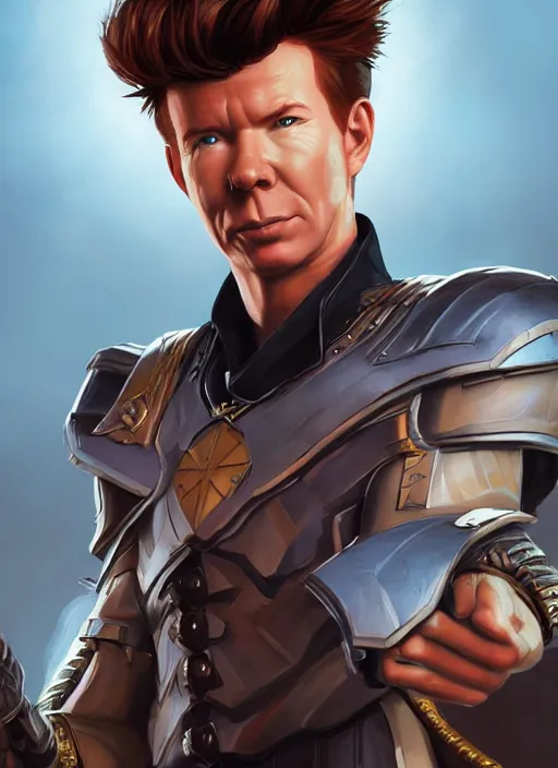 Image similar to A fantasy comic book style portrait painting of rick astley as a paladin, unreal 5, DAZ, hyperrealistic, octane render, RPG portrait, dynamic lighting