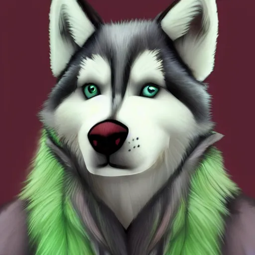 Image similar to furry anthro husky with scene - style hair, the hair has green highlights, style of milesdf, stylized, drawn