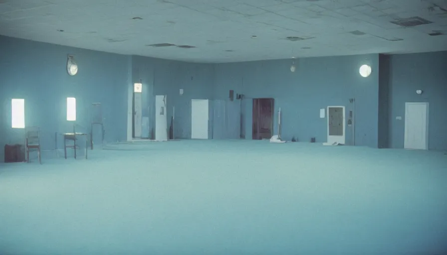 Image similar to 60s movie still of corpses in a empty light blue ballroom, cinestill 800t 50mm eastmancolor, liminal Space style, heavy grain-s 150