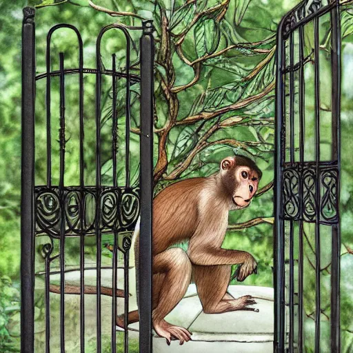 Image similar to delicate, monkey on chairs, garden, paved, botanic watercolors, iridescent, 8 k, realistic shaded, fine details, artstation, italian, iron gate, tree, mediterranean, marvelous