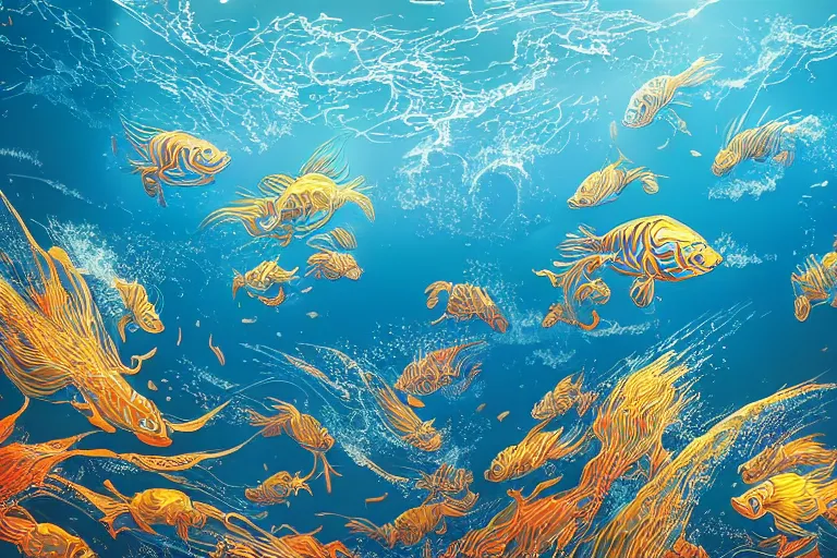 Image similar to portrait of goldfishes swarming the ocean. shadow and light. rays of light. energetic, dynamic, lively, detailed, intricate, complex. fine art by hayao miyazaki, akira toriyama, makoto shinkai, and ohara koson. studio lighting. tilt and shift lens.