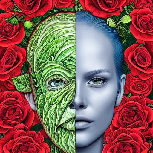 Prompt: the anatomy of a head of lettuce with roses, an ultrafine detailed painting by james jean, intricate linework, bright colors, final fantasy, behance contest winner, vanitas, angular, altermodern, unreal engine