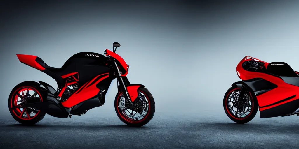 Image similar to a design of a futuristic ducati, designed by pininfarina, northern lights background, brushed red bike paint, black rims, dark show room, dramatic lighting, hyper realistic render, depth of field