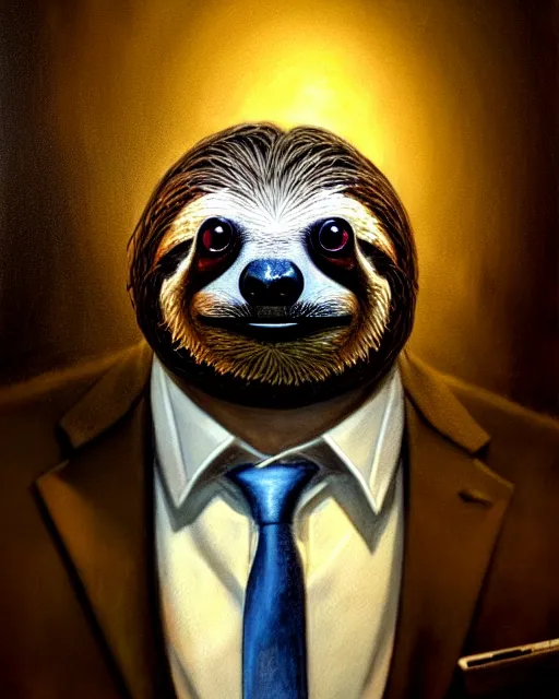 Image similar to hyperrealistic mixed media painting of a sloth wearing a suit and tie, dimly lit dive bar, stunning 3d render inspired art by P. Craig Russell and Barry Windsor-Smith + perfect facial symmetry + dim volumetric lighting, 8k octane beautifully detailed render, post-processing, extremely hyperdetailed, intricate, epic composition, grim yet sparkling atmosphere, cinematic lighting + masterpiece, trending on artstation, very very detailed, masterpiece, stunning