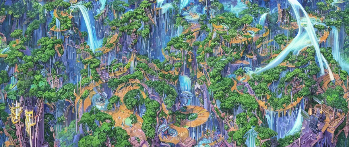 Prompt: A beautiful illustration of a futuristic city of gardens built on a world of massive cascading waterfalls by Robert McCall, Syd Meas and Ralph McQuarrie | Graphic Novel, Visual Novel, Colored Pencil, Comic Book:.6 | unreal engine:.3 | | viewed from above | establishing shot:.7