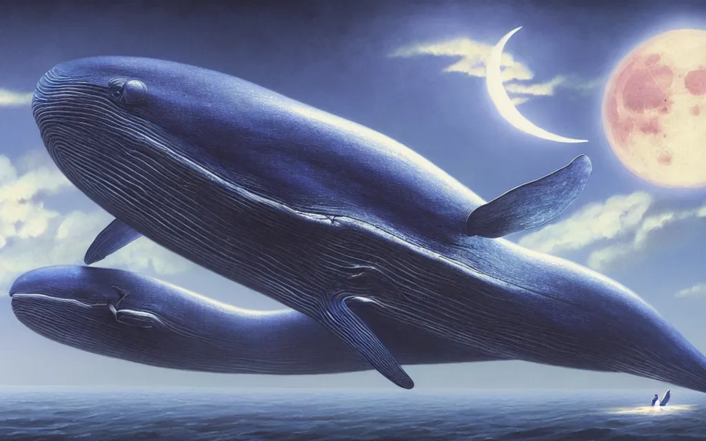 Image similar to realistic render portrait of flying blue whales towards the moon, intricate, toy, sci - fi, extremely detailed, digital painting, sculpted in zbrush, artstation, concept art, smooth, sharp focus, illustration, chiaroscuro lighting, golden ratio, incredible art by artgerm and greg rutkowski and alphonse mucha and simon stalenhag