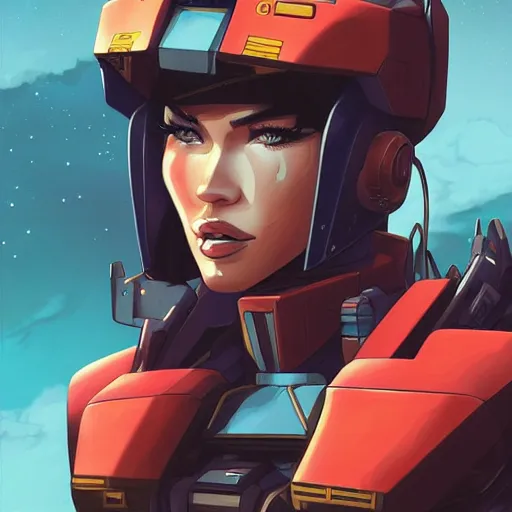 Image similar to portrait of stunning megan fox gundam pilot, with an intricate, detailed, urban inspired hiphop afro futuristic helmet, vector behance hd jesper ejsing, rhads, makoto shinkai, lois van baarle, ilya kuvshinov, rossdraws, hd, 3 2 k, ilya kuvshinov, gustav klimt