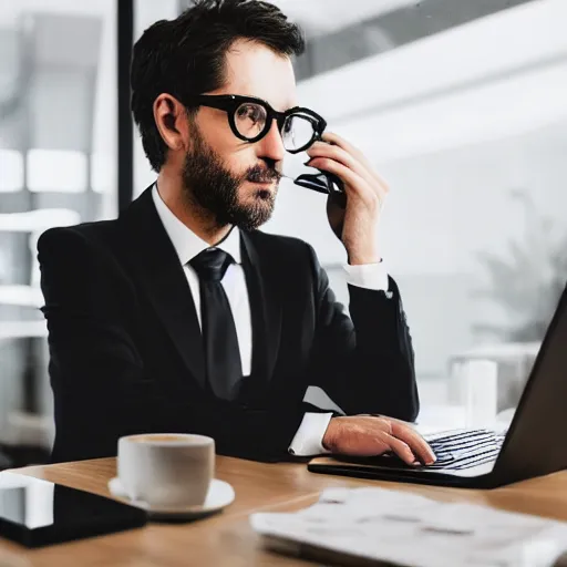 Image similar to photo of Llama in an office, wearing a suit and spectacles, looking at a computer, coffee mug, 50mm, beautiful photo