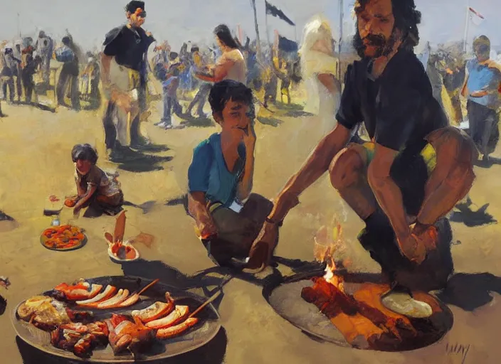 Prompt: a highly detailed beautiful portrait of a bibi nethanyahu protesting against eating animals while people doing bbq, by gregory manchess, james gurney, james jean