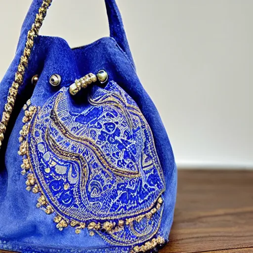 Image similar to a bucket bag made of blue suede. the bag is decorated with intricate golden paisley patterns. the handle of the bag is made of rubies and pearls.