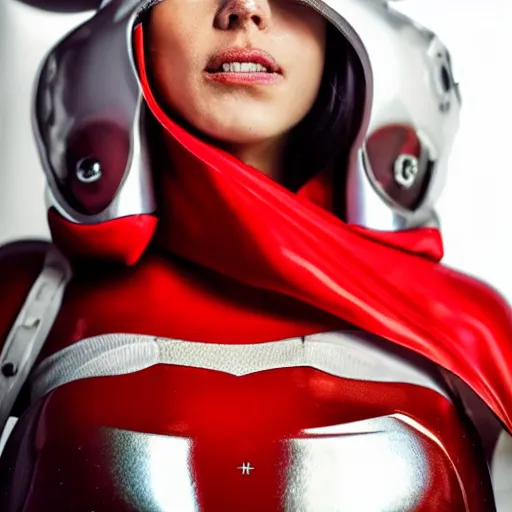 Prompt: headshot of a beautiful female soldier in glossy sleek white armor and a long red cape, looking up at camera, determined expression, no helmet, on the surface of mars, night time, cinematic, sci-fi, hyperrealistic